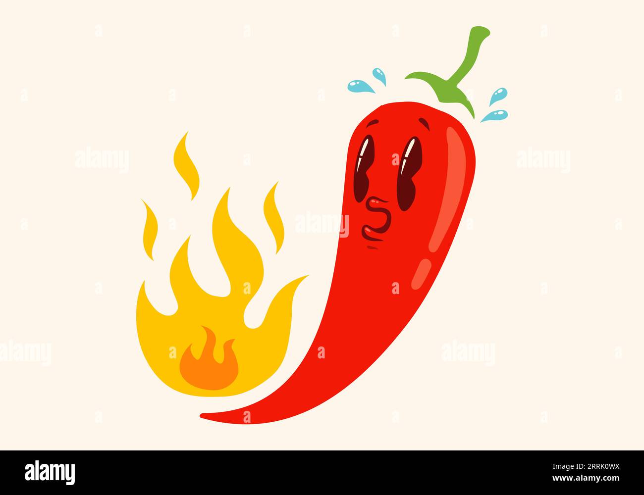 Vector illustration of a spicy chili pepper with flame in retro style. Cartoon red chili pepper for Mexican or Thai food. Hot chilli in vintage style. Stock Vector