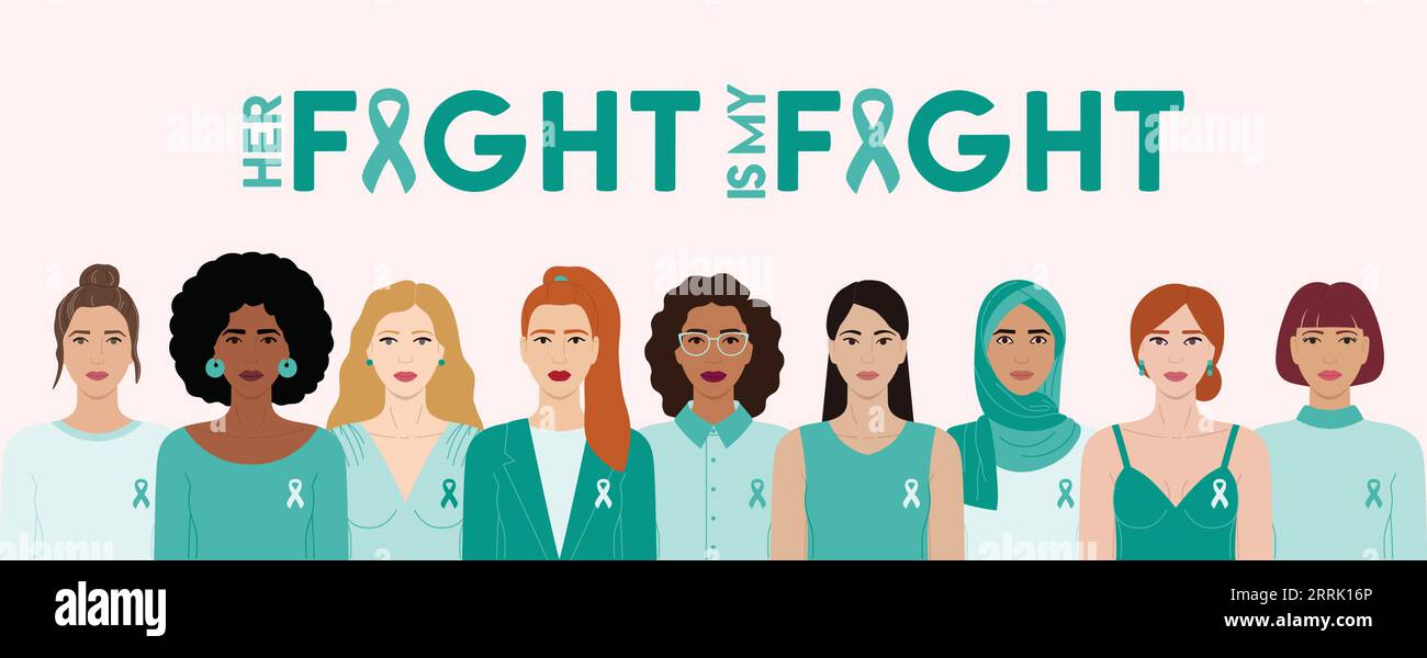 Ovarian and Cervical cancer Awareness Month. We fight together phrase. Diverse women with teal ribbons on chest stand together against cancer. Cancer Stock Vector