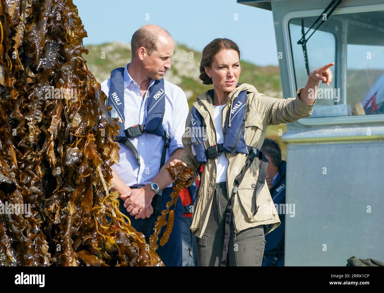 The Prince and Princess of Wales during a visit to the Car-Y-Mor seaweed farm in St Davids, Haverfordwest, Pembrokeshire, west Wales. Picture date: Friday September 8, 2023. Stock Photo