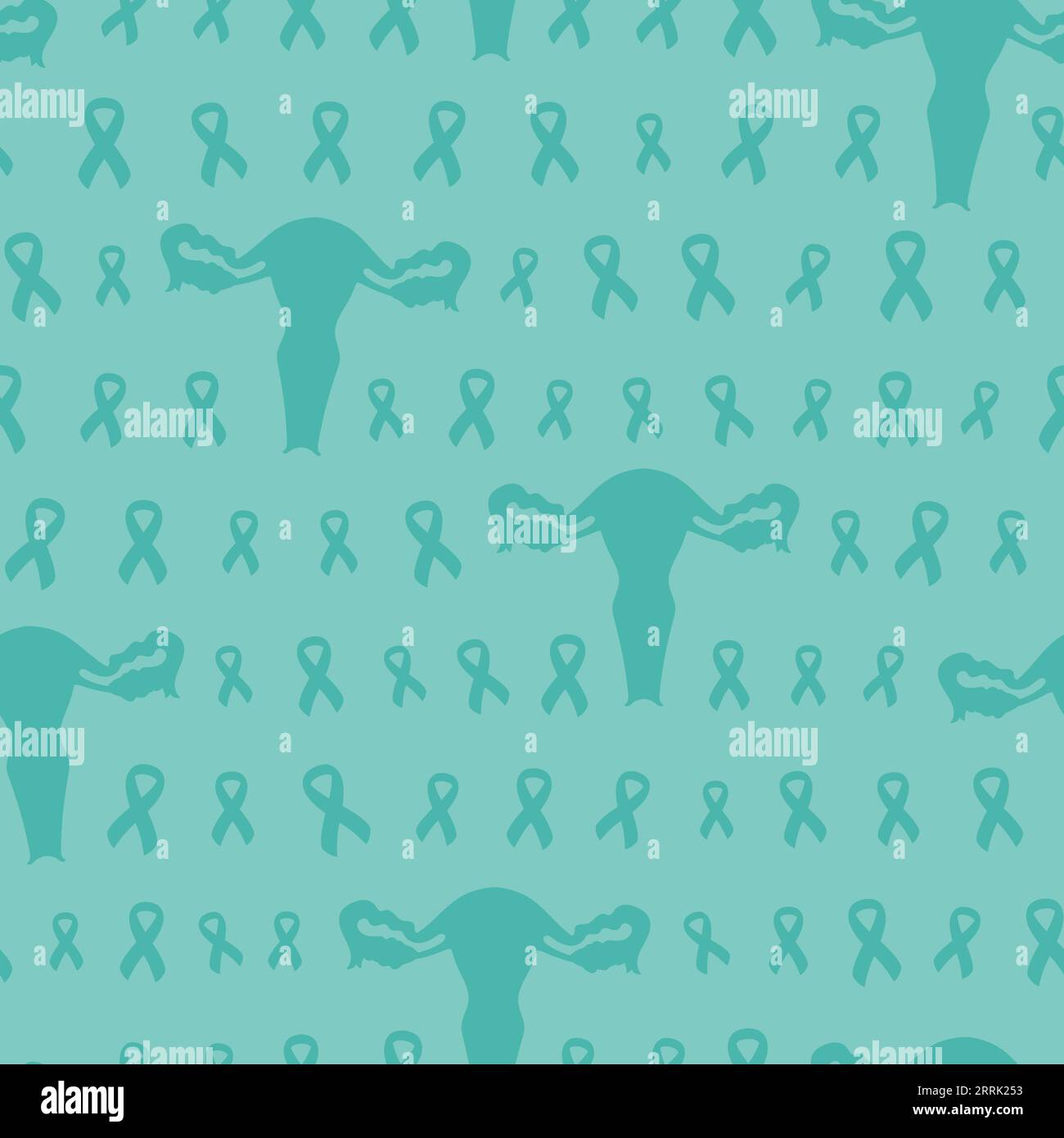Seamless pattern with teal cancer ribbon and uterus. Ovarian and