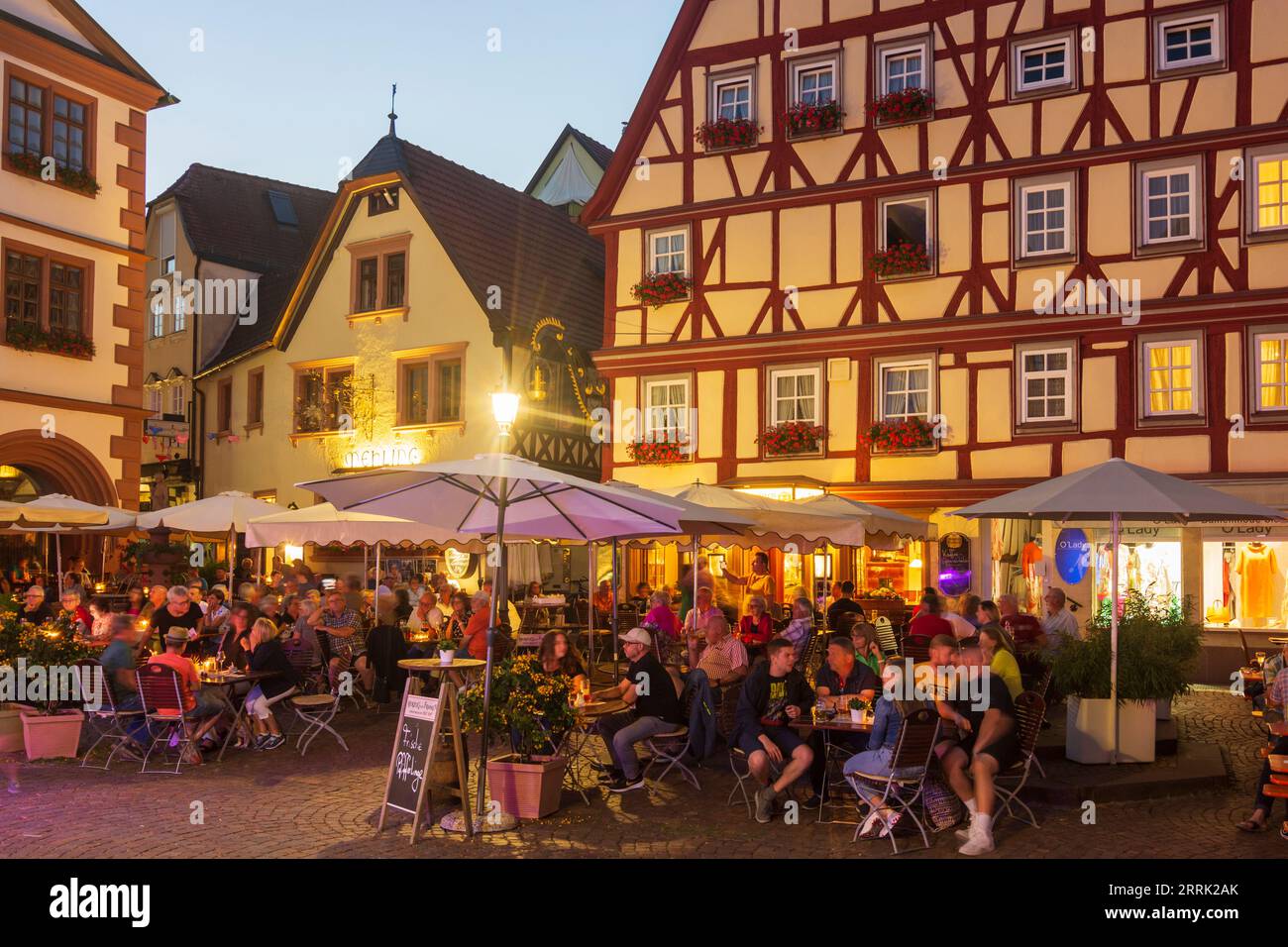 Lohr am Main, town Hall 'Altes Rathaus', square Unterer Marktplatz, open air restaurant in Lower Franconia, Bavaria, Germany Stock Photo