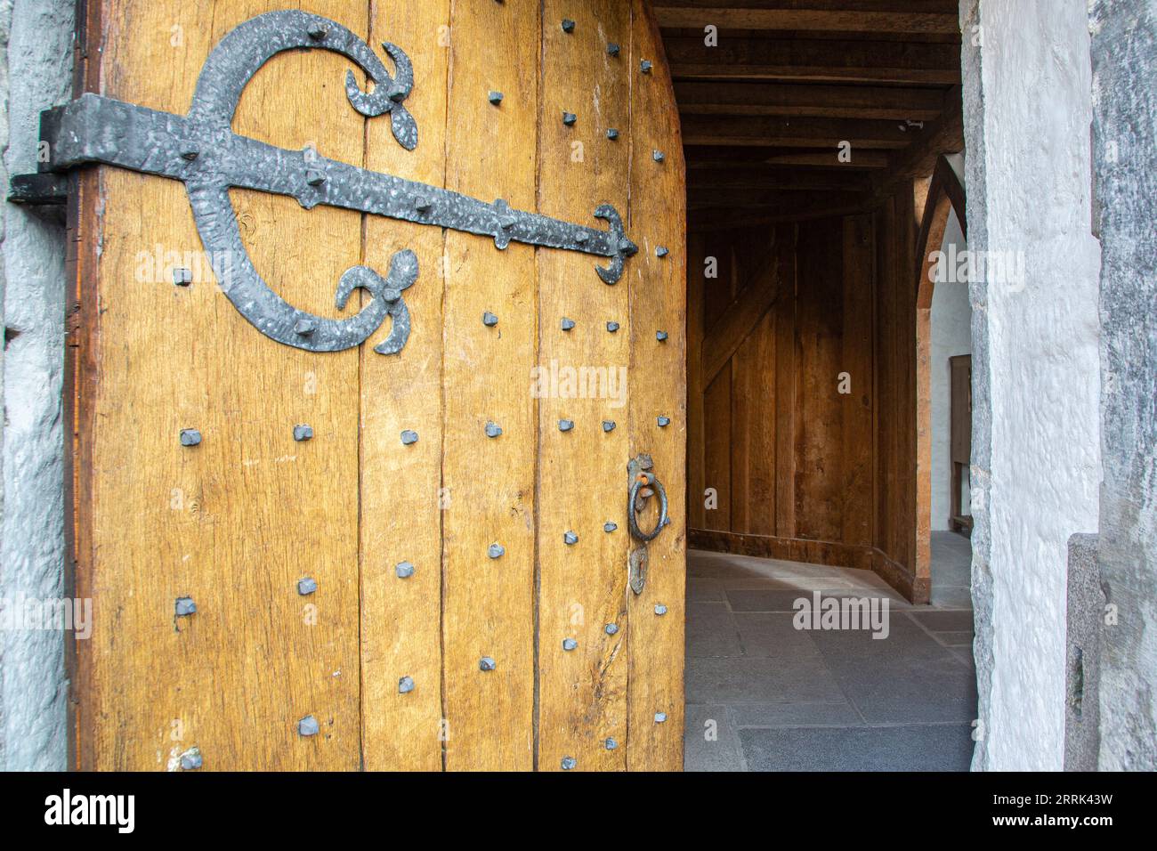 Large oak beamed Castle Door Entrance Stock Photo