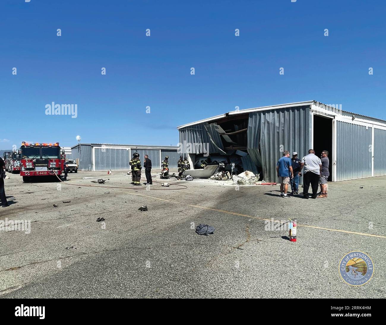 220819 -- WATSONVILLE, Aug. 19, 2022 -- Photo taken on Aug. 18, 2022 shows the site of the plane crash in Watsonville Municipal Airport in Watsonville, California, the United States. Multiple people have been reportedly killed after two planes collided while attempting to land in Watsonville, California, the United States, authorities tweeted Thursday afternoon. The crash happened around 2:56 p.m. 2156 GMT at the Watsonville Municipal Airport and multiple agencies rushed to the scene at around 3:37 p.m. 2237 GMT, according to the city s official Twitter account. /Handout via Xinhua U.S.-CALIFO Stock Photo