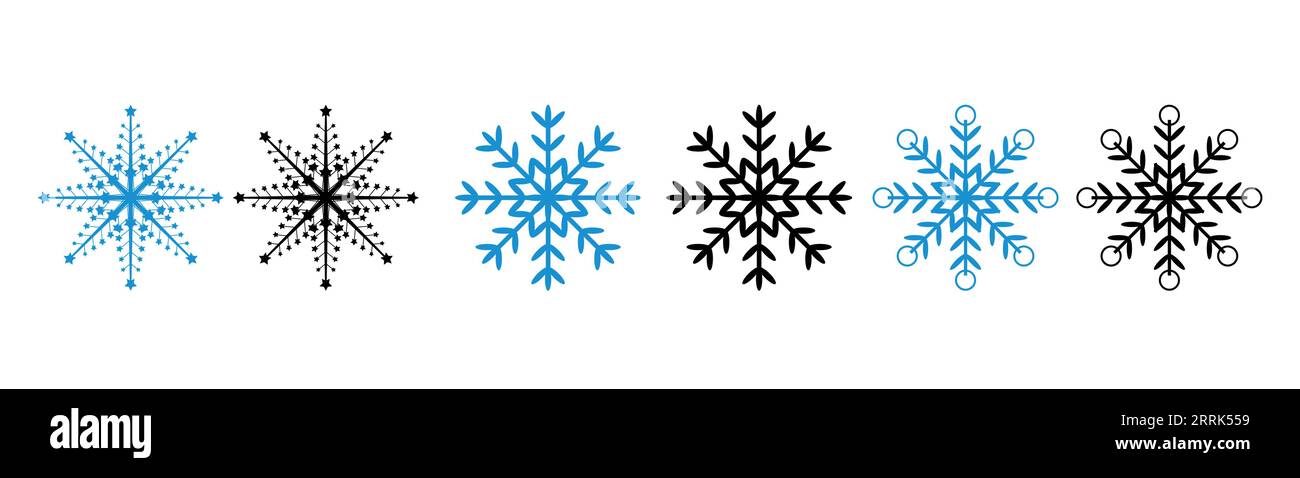 Set black and blue snowflake icons collection with white background ...