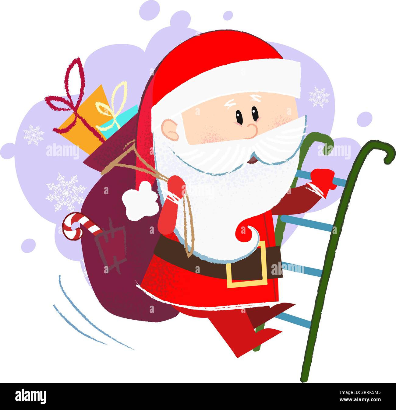 Cute Santa Claus holding sack with gifts and climbing ladder Stock ...