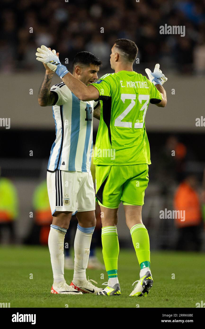 Buenos Aires, Argentina. 08th Sep, 2023. BUENOS AIRES, ARGENTINA - SEPTEMBER 7: Cuti Romero and Emiliano Martinez of Argentina celebrate the victory after during the FIFA World Cup 2026 Qualifier match between Argentina and Ecuador at Estadio Más Monumental Antonio Vespucio Liberti on September 07, 2023 in Buenos Aires, Argentina. (Photo by Florencia Tan Jun/Pximages) Credit: Sipa USA/Alamy Live News Stock Photo