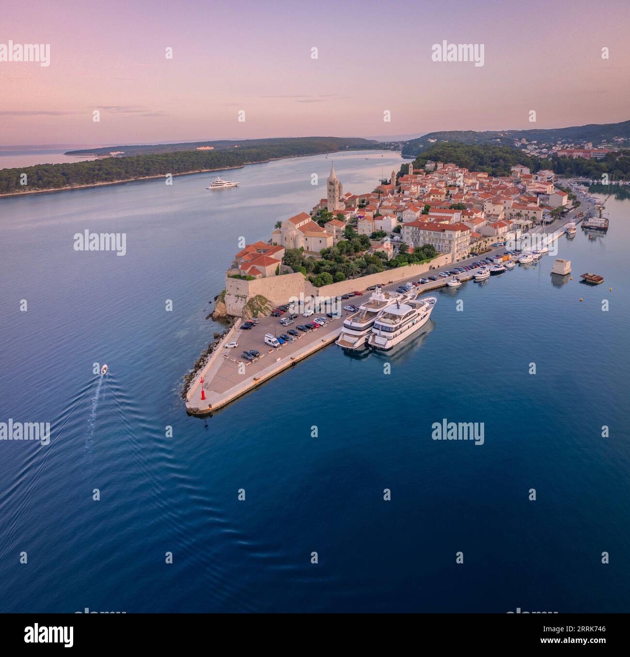 Europe, Croatia, Primorje-Gorski Kotar County, island of Rab, elevated view of the Rab town Stock Photo