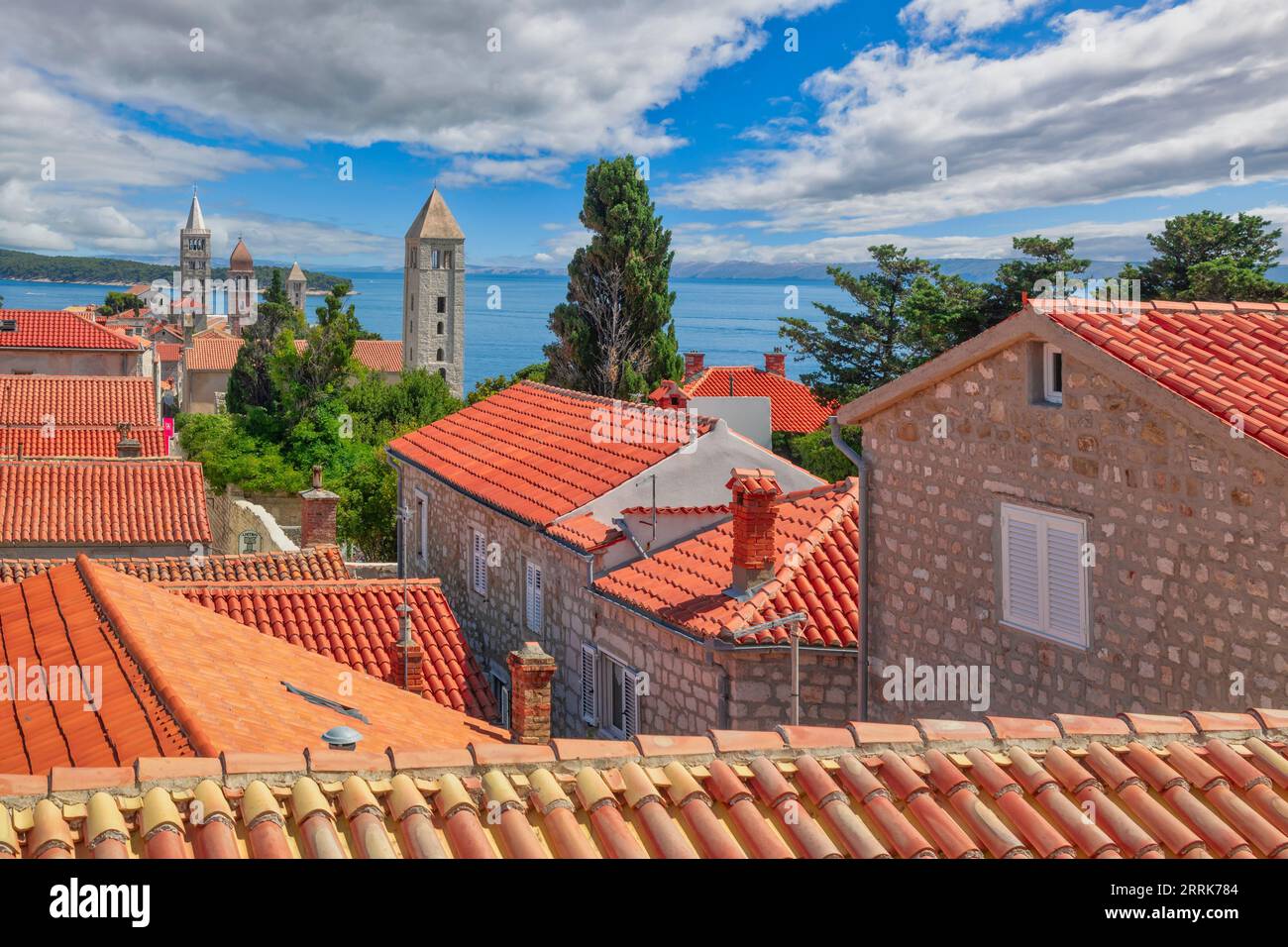 Europe, Croatia, Primorje-Gorski Kotar County, island of Rab, view of the old town of Rab with the characteristic four bell towers Stock Photo