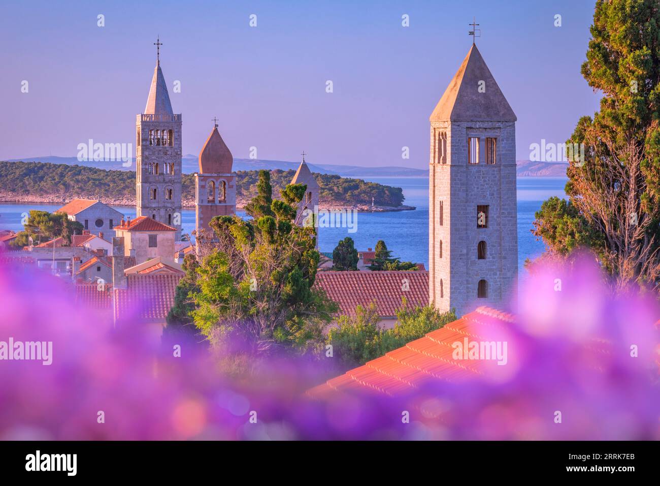 Europe, Croatia, Primorje-Gorski Kotar County, island of Rab, view of the old town of Rab with the characteristic bell towers Stock Photo