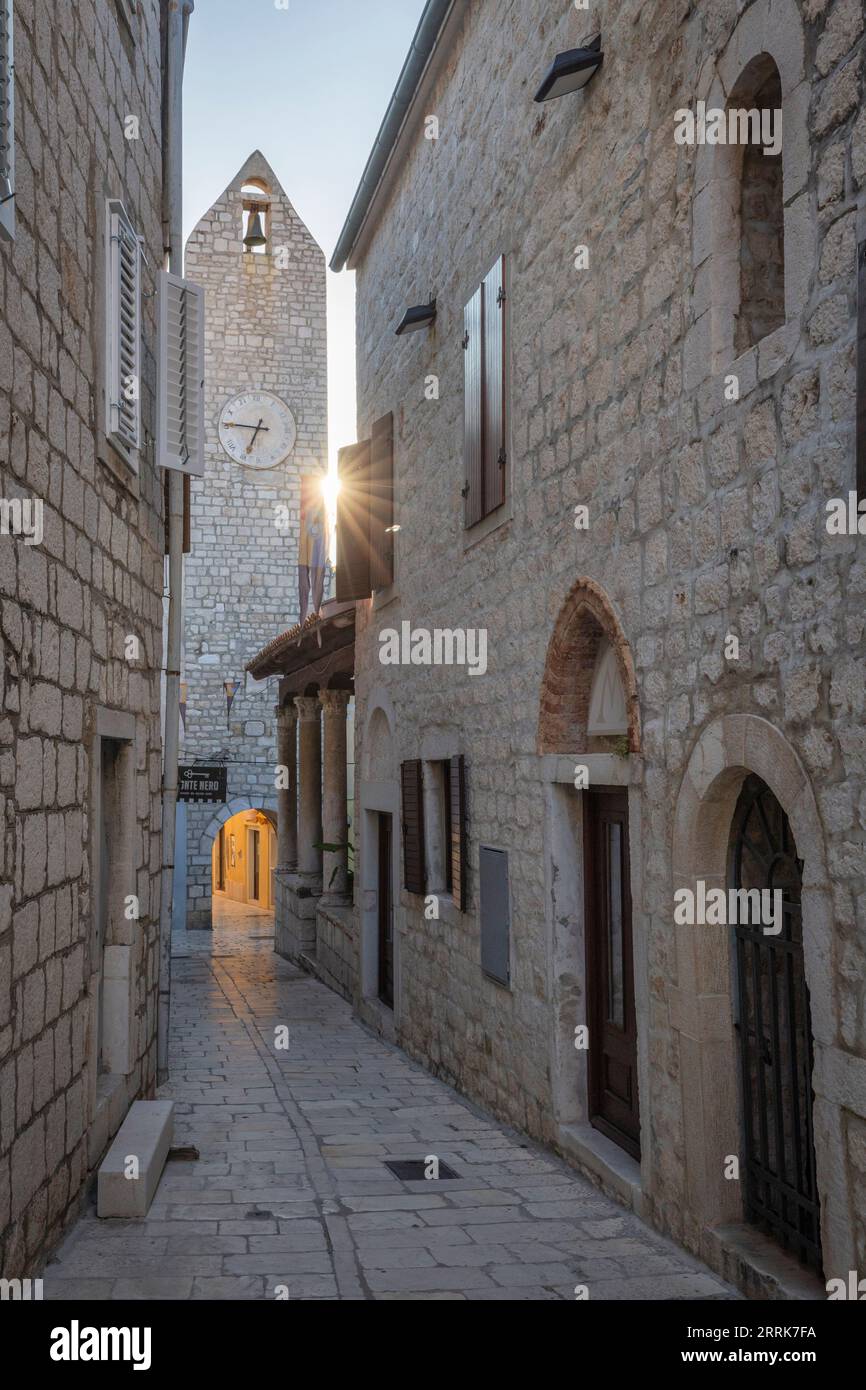 Europe, Croatia, Primorje-Gorski Kotar County, island of Rab, the narrow cobbled streets of the old town of Rab Stock Photo