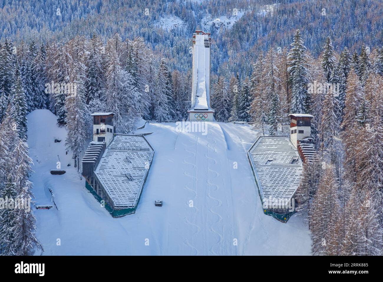 Italy, Veneto, Province of Belluno, Cortina d'Ampezzo, the historic ski jumping hill of the 1956 winter olympics, no longer in use today Stock Photo