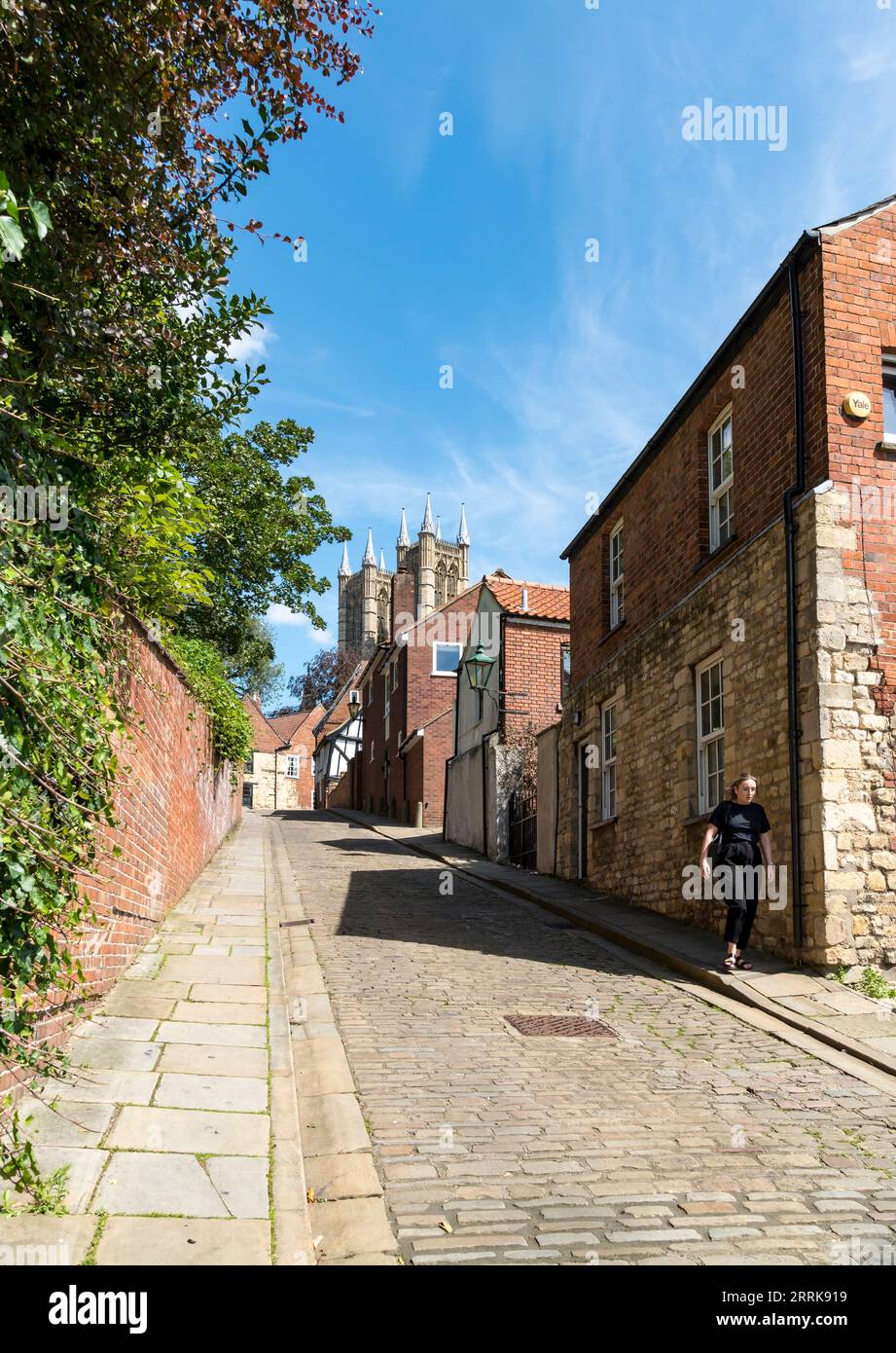 View up Michaelgate to Lincoln Cathedral West Towers 2023, Lincoln City, Lincolnshire, England, UK Stock Photo