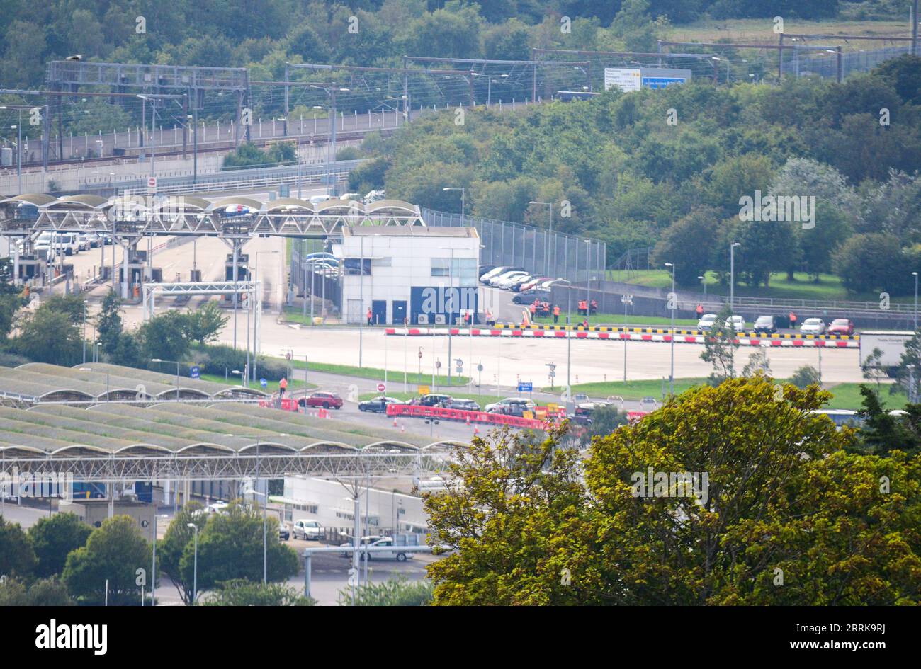 Eurostar Folkestone terminal with empty carpark and staf standing ...