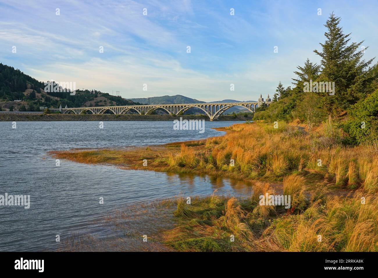 Patterson Bridge spanning the Rogue River near Gold Beach, Oregon Stock Photo