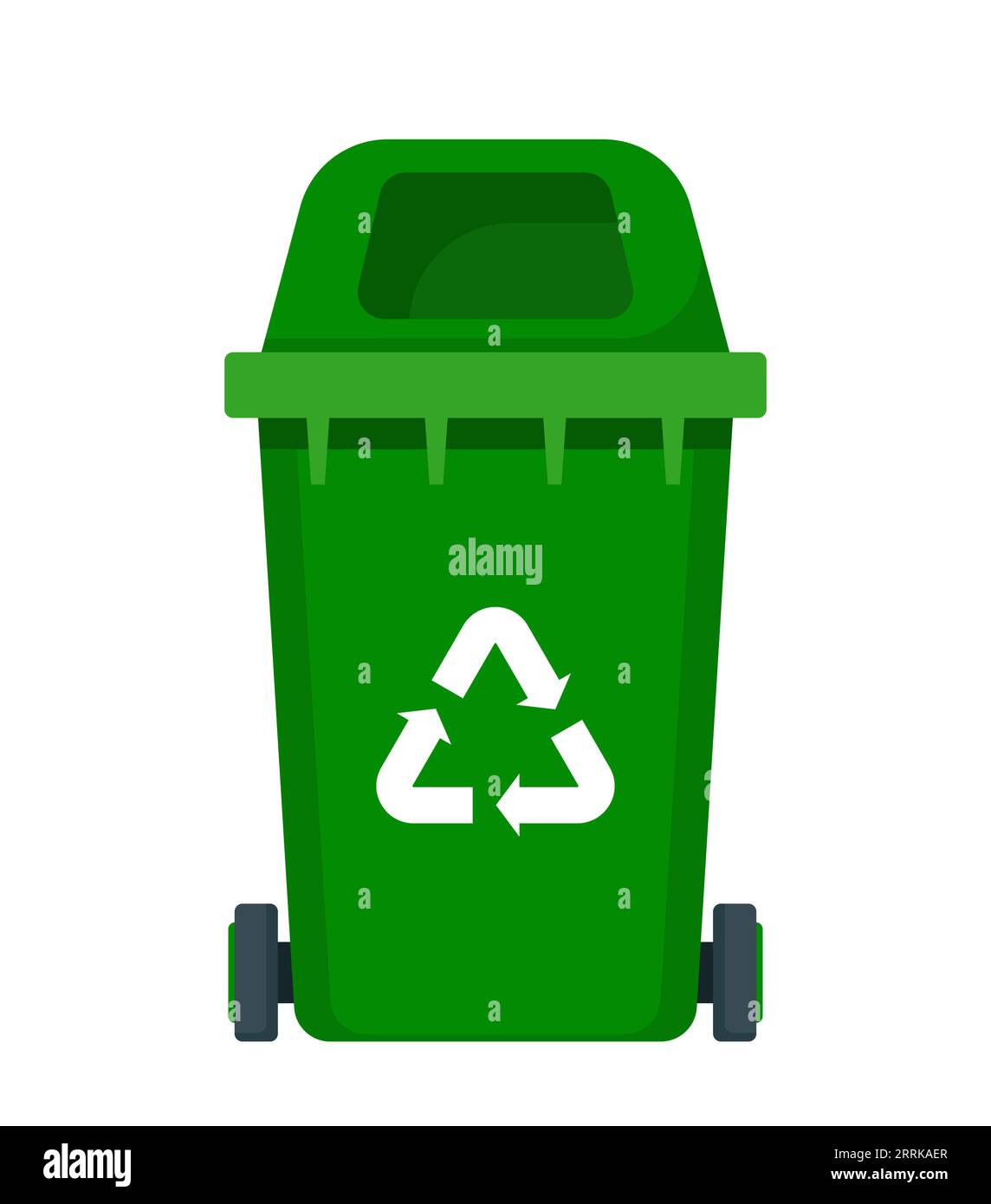 Big green recycle garbage can with recycling symbol on it. Trash bin in