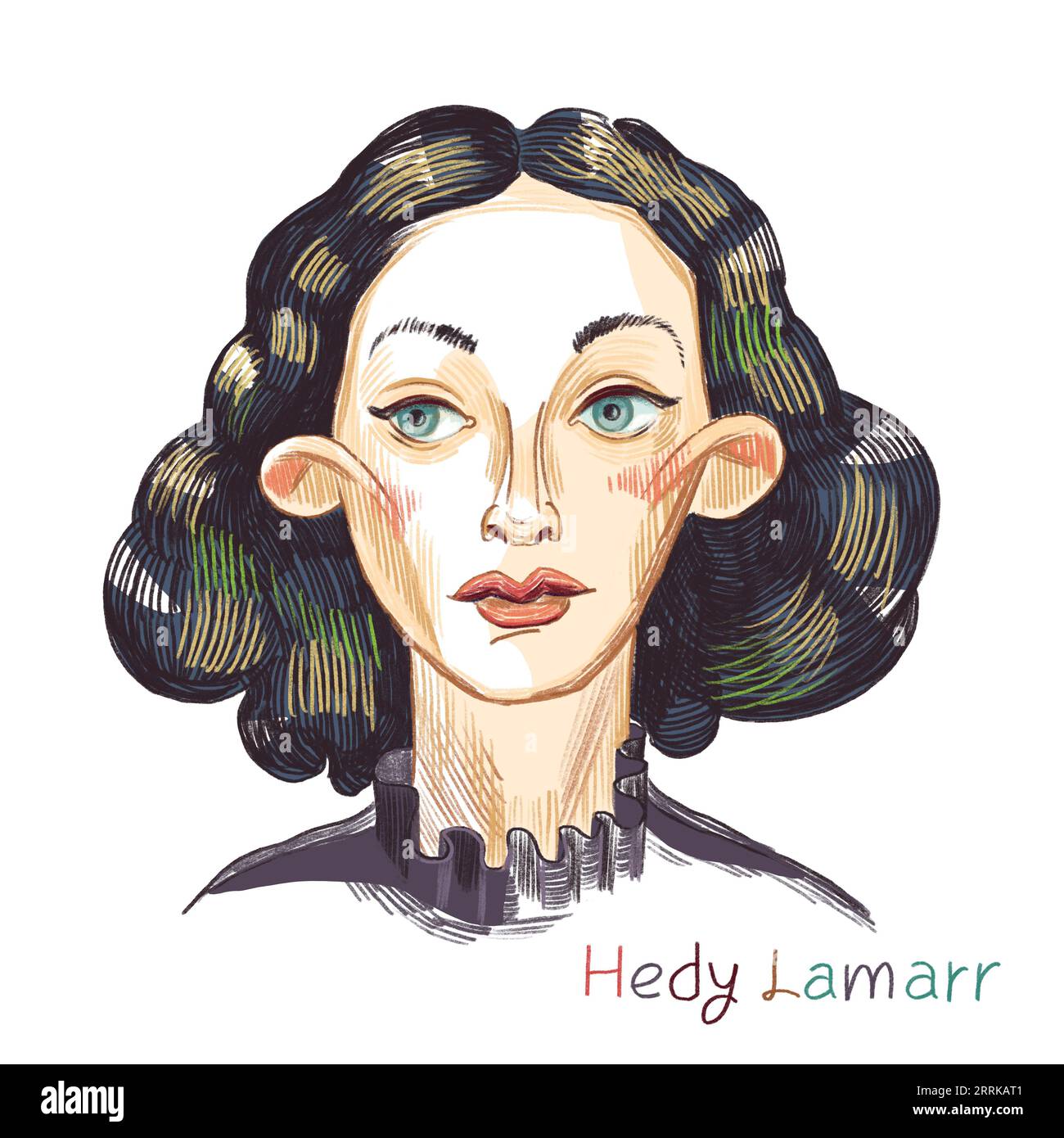 Hedy Lamarr colored pencil hatched portrait on white background. Austrian-born Austro-Hungarian-American actress and inventor.She was a film star duri Stock Photo