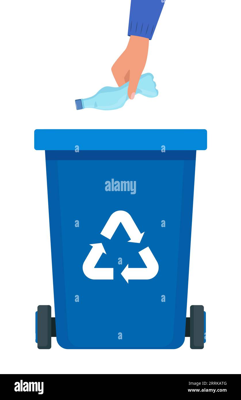 Hand throws crumpled plastic bottle into the blue Bin with recycling