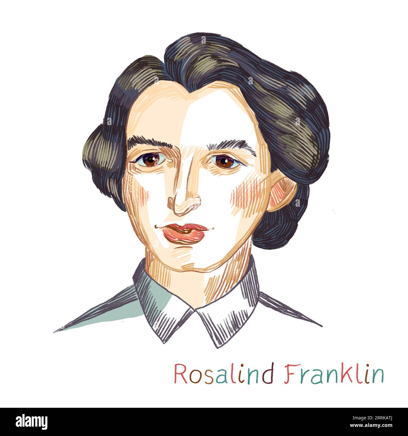 Rosalind Franklin colored pencil hatched portrait on white background. British chemist and X-ray crystallographer Stock Photo