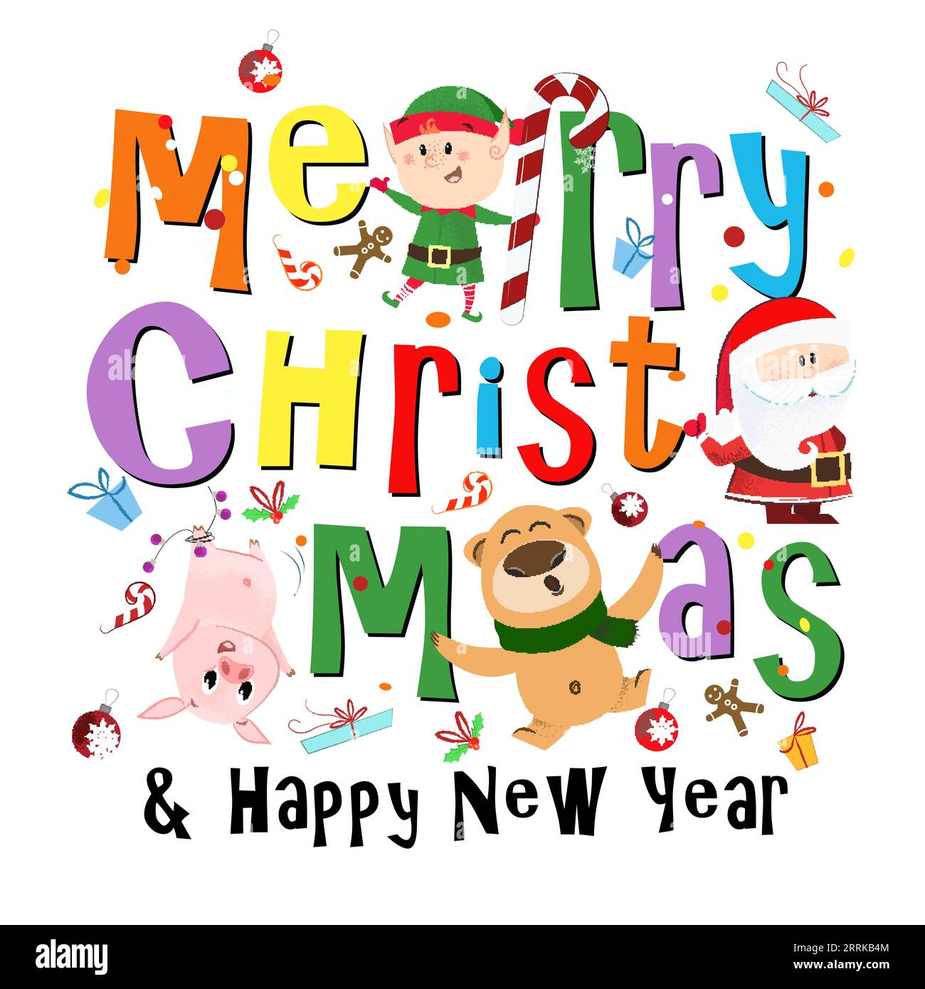 Merry Christmas And Happy New Year Multicolored Poster Design Stock 