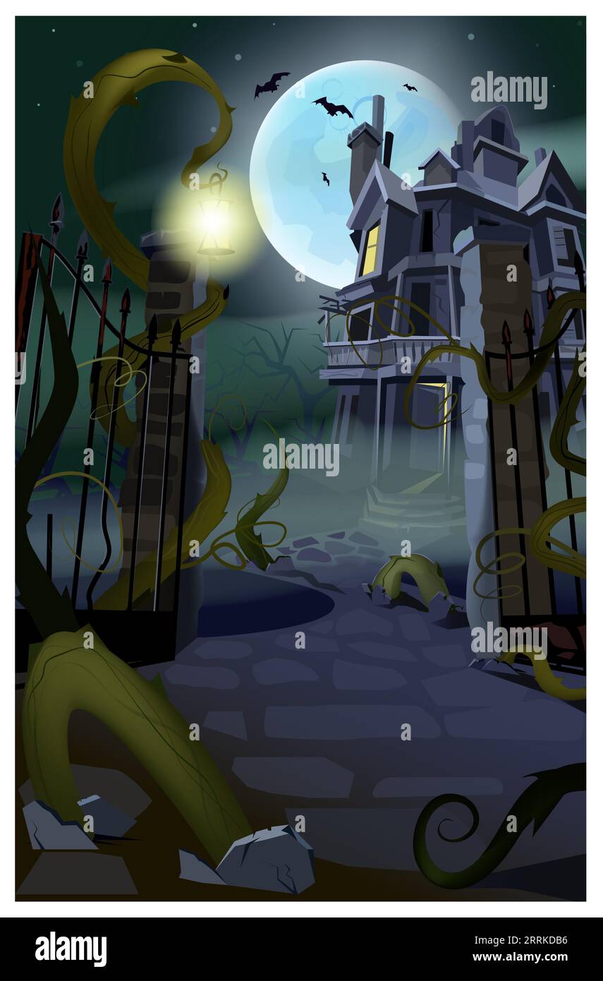 Dark gothic house with flying bats vector illustration Stock Vector