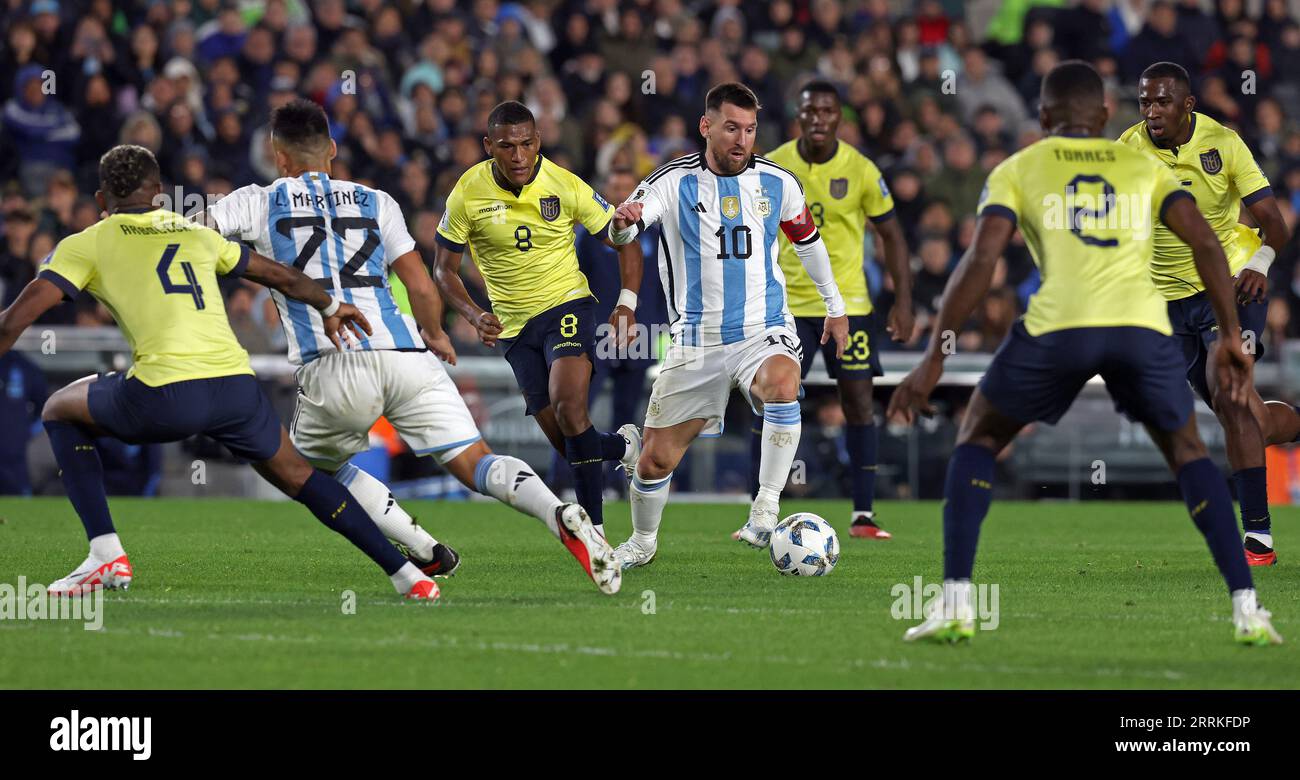Buenos Aires, Argentina. 7th Sep 2023. Argentina's forward Lionel Messi (C) controls the ball between Ecuador’s players during the South American qualification football match for the FIFA World Cup 2026 at the Monumental stadium in Buenos Aires on September 7, 2023. Credit: Alejandro Pagni/Alamy Live News Stock Photo