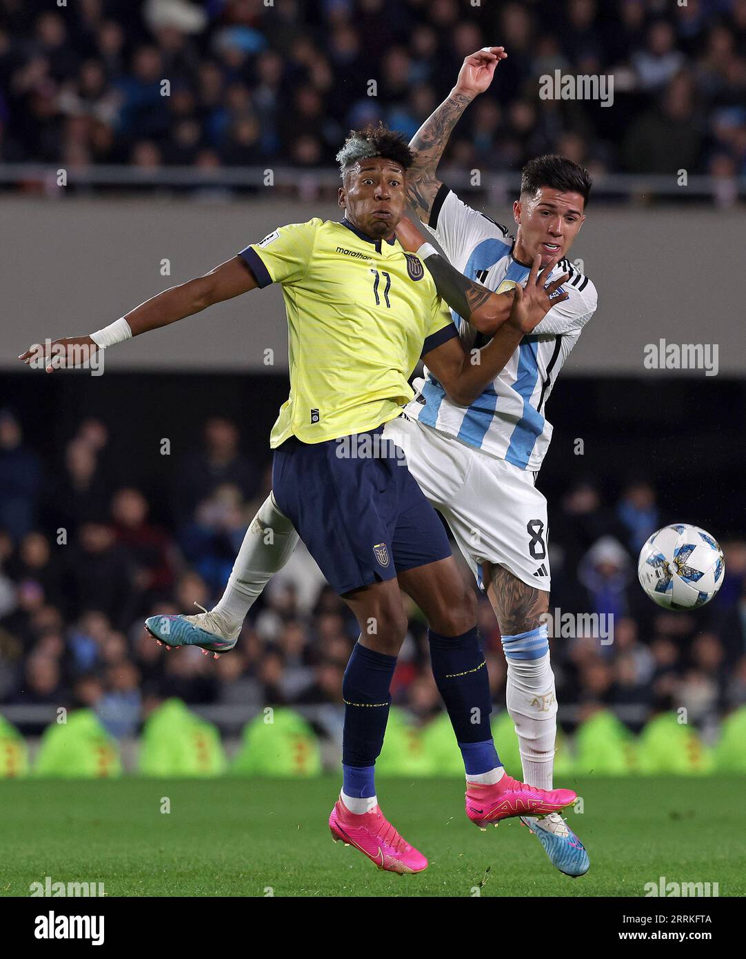 Buenos Aires, Argentina. 7th Sep 2023. Argentina's midfielder Enzo Fernandez (R) fights for the ball with Ecuador's forward Kevin Rodriguez during the South American qualification football match for the FIFA World Cup 2026 at the Monumental stadium in Buenos Aires on September 7, 2023. Credit: Alejandro Pagni/Alamy Live News Stock Photo
