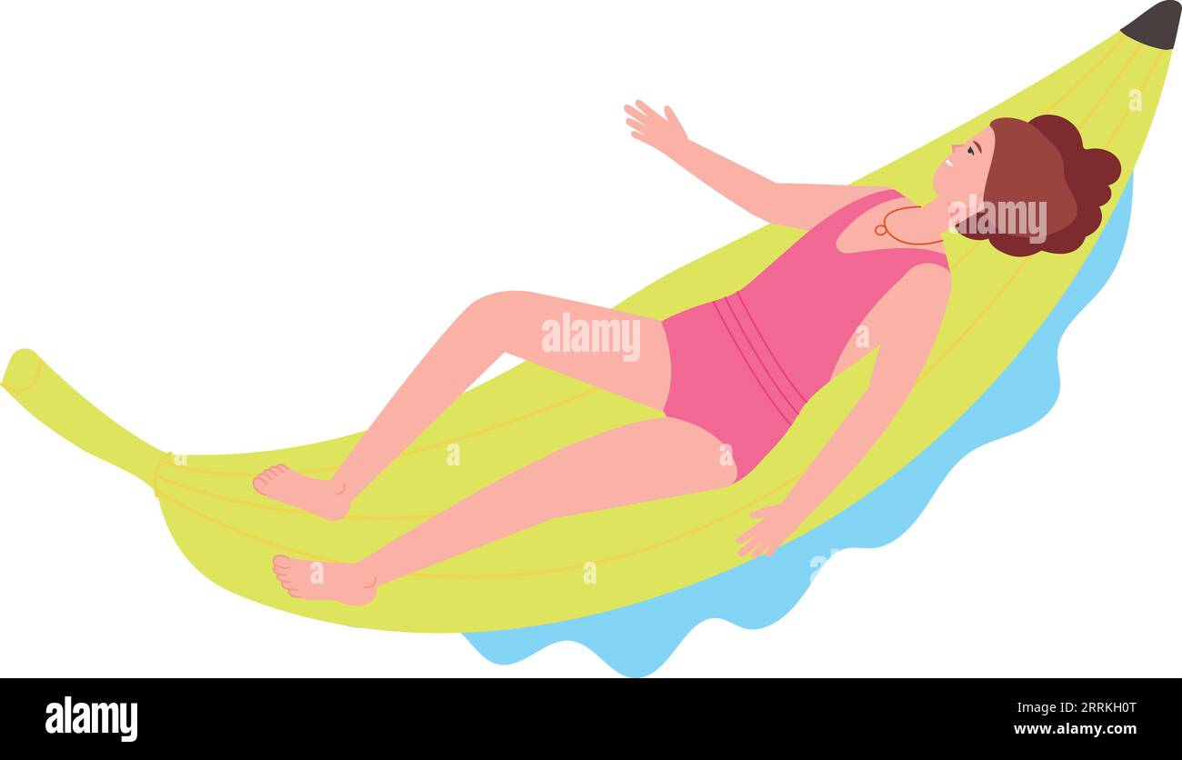 Woman swimming on inflatable banana mattress. Summer beach rest isolated on white background Stock Vector