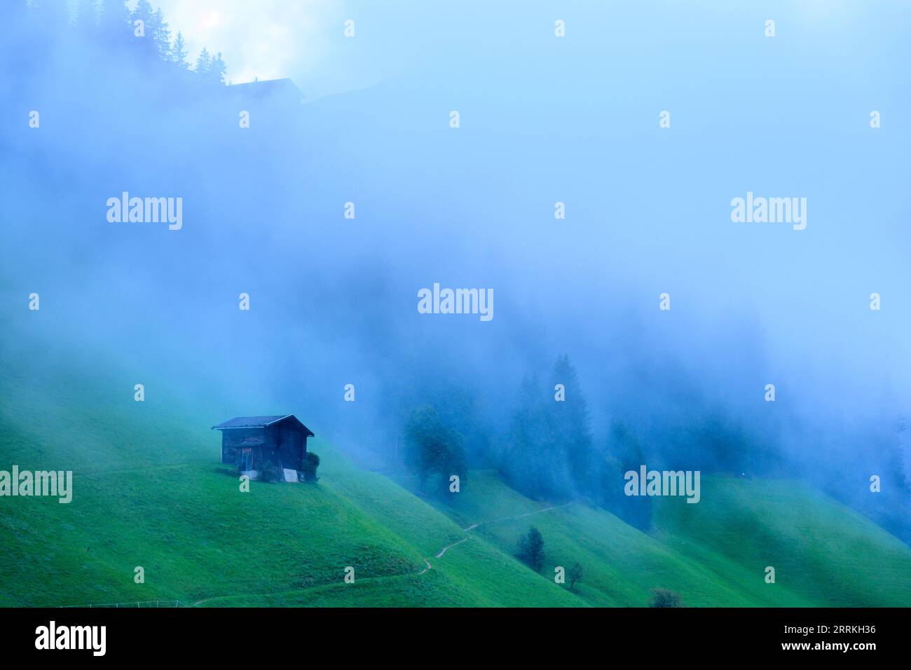 Austria, Tyrol, Zillertal, hut in the fog near Lanersbach. Stock Photo