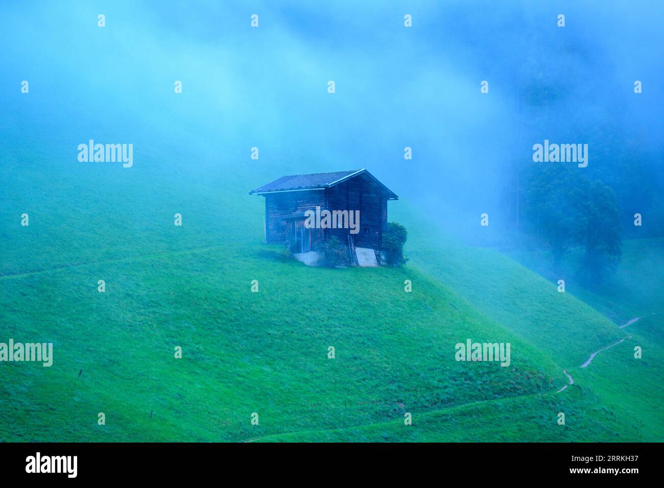 Austria, Tyrol, Zillertal, hut in the fog near Lanersbach. Stock Photo