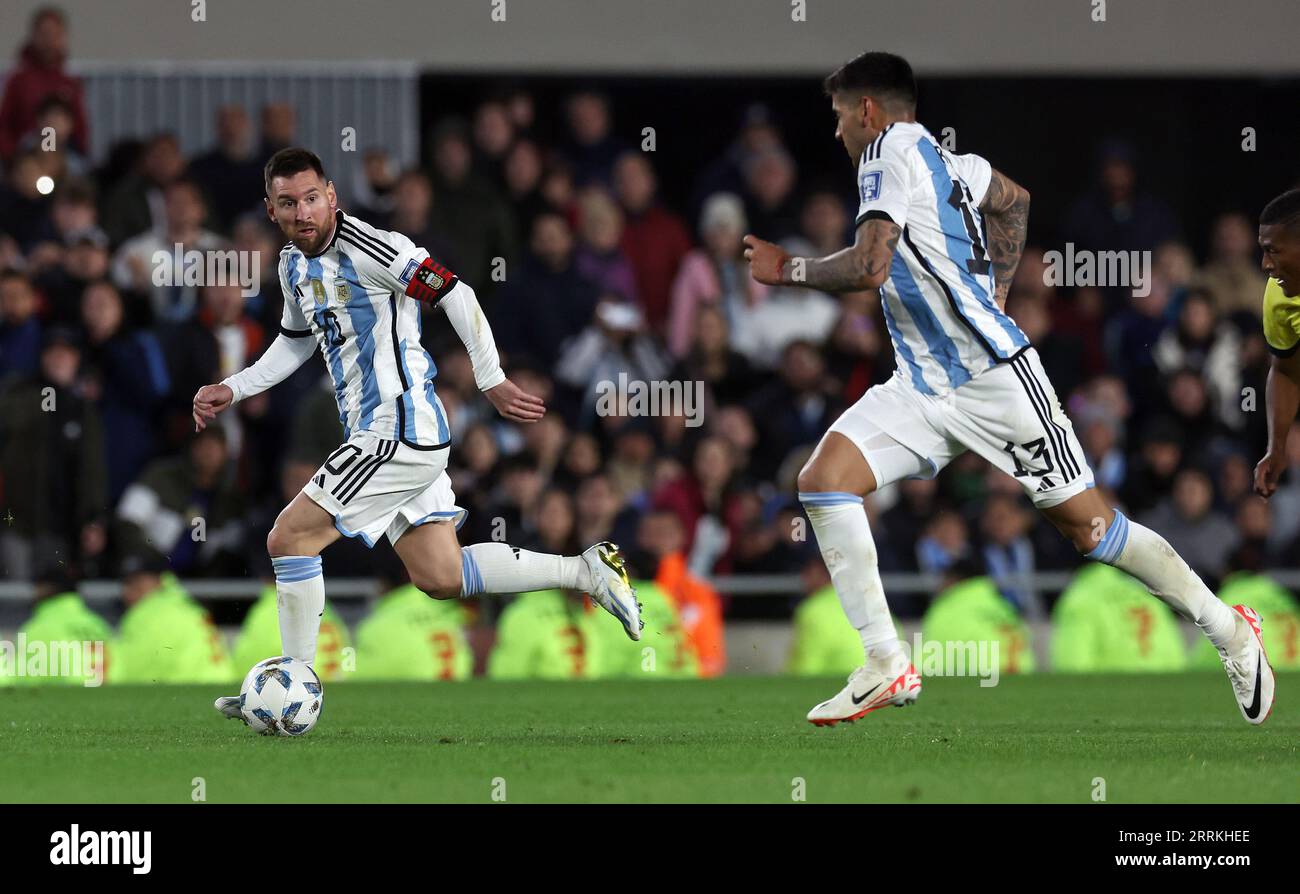 Buenos Aires, Argentina. 7th Sep 2023. Argentina's forward Lionel Messi (L) runs with the ball alongside his teammate defender Cristian Romero during the South American qualification football match for the FIFA World Cup 2026 at the Monumental stadium in Buenos Aires on September 7, 2023. Credit: Alejandro Pagni/Alamy Live News Stock Photo