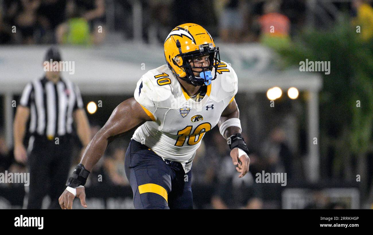 Kent State defensive lineman Tyler Baylor (10) follows a play during the  second half of an NCAA college football game against Central Florida,  Thursday, Aug. 31, 2023, in Orlando, Fla. (AP Photo/Phelan