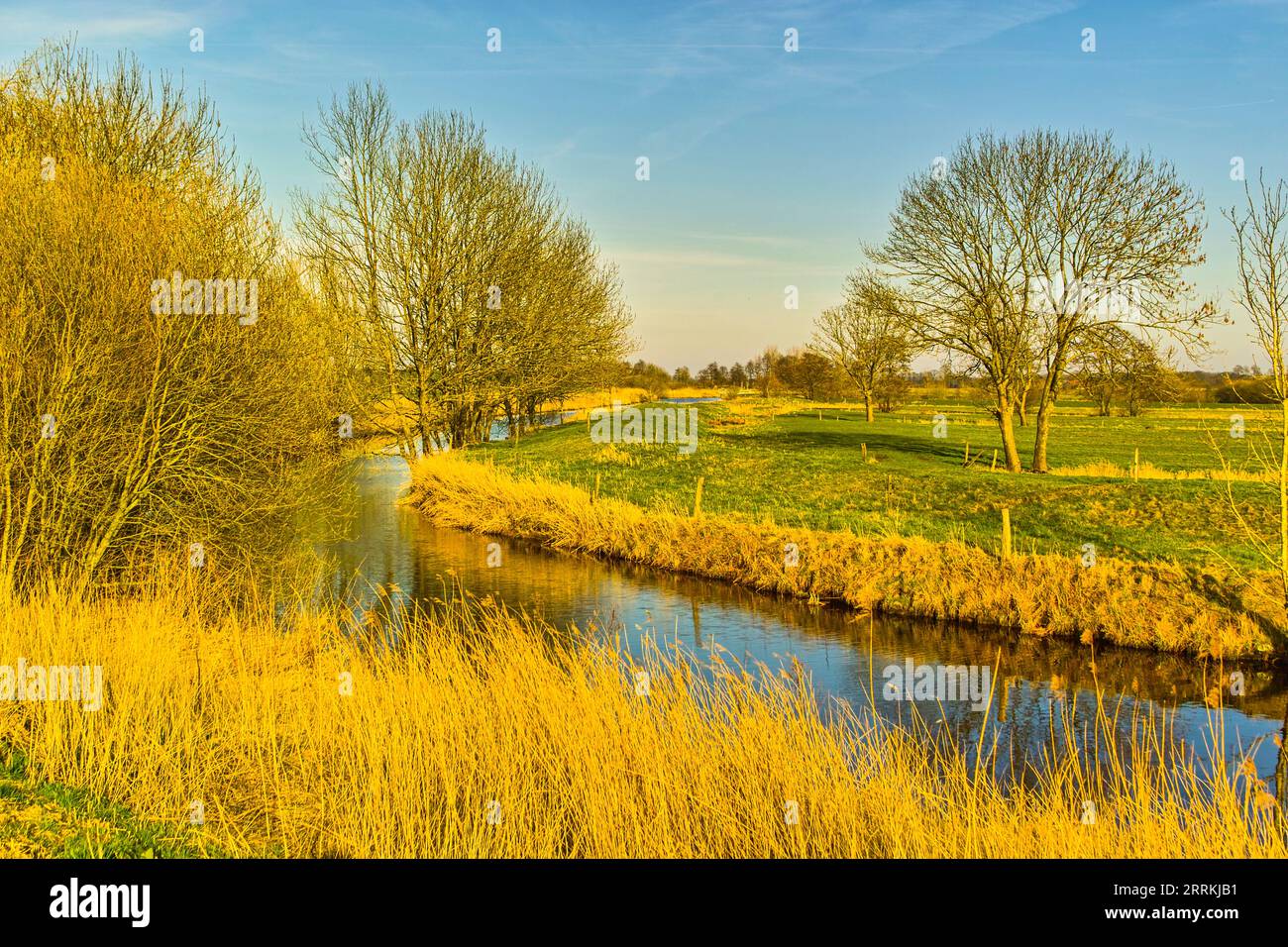 Drainage canals resembling small rivers run through the Huntemarsch Stock Photo