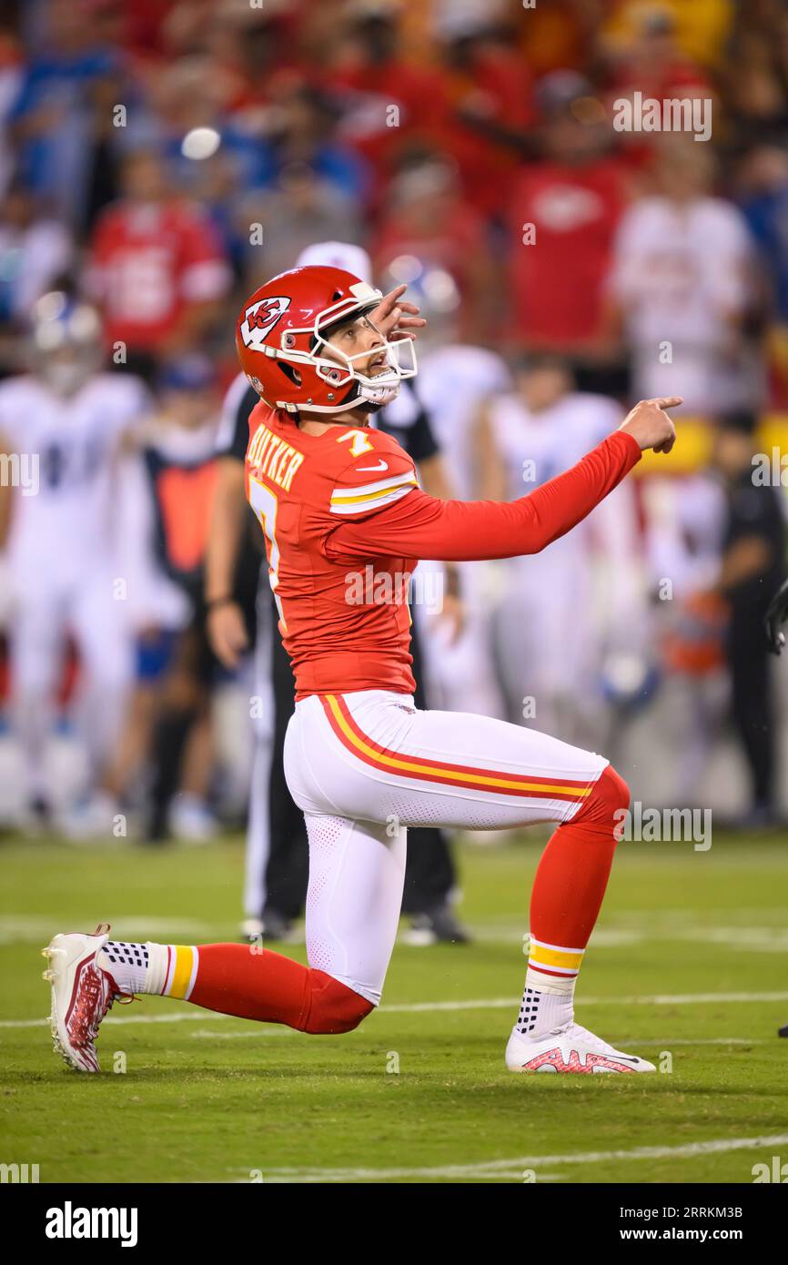 Kansas City Chiefs place kicker Harrison Butker watches his extra point