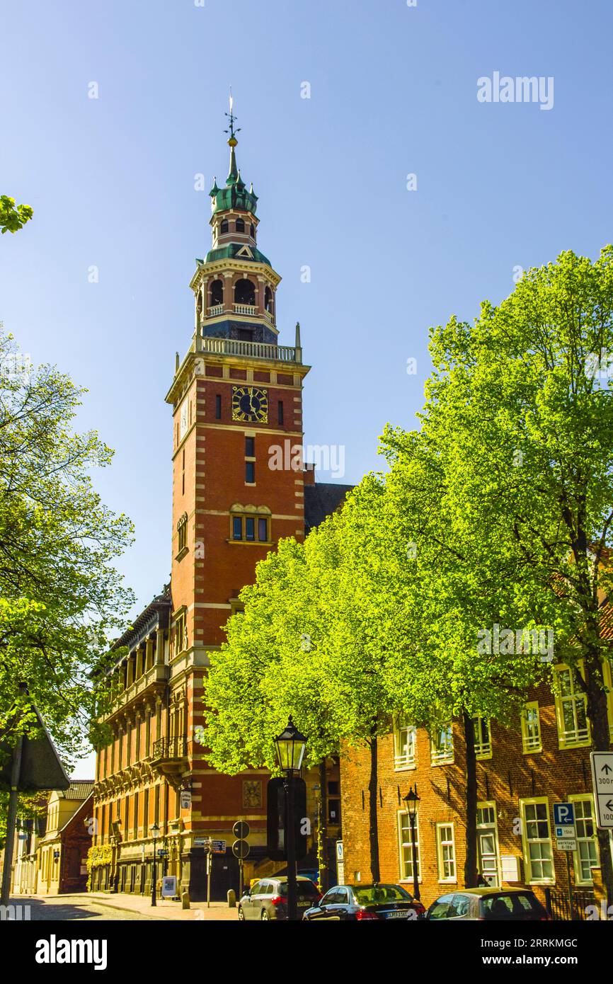 Leer town hall with the prominent town hall tower, a landmark of the city Stock Photo