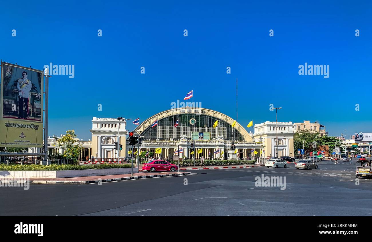 Main railway station with poster of king maha vajiralongkorn hires