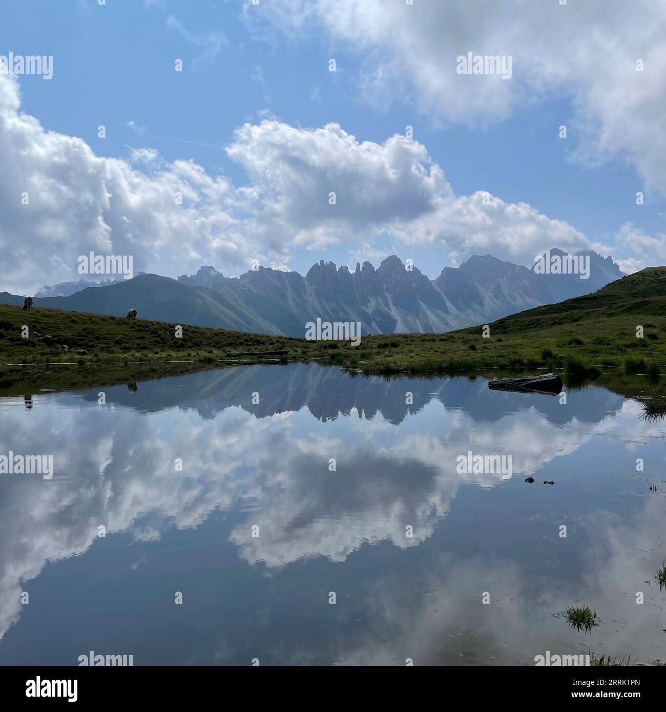 Hike to Salfainssee and Grieskogel, reflection Kalkkögel, Senderstal, Kemater Alm, Stubai Alps, reflection, mountain tour, viewpoint, sun, mountains, clouds, nature, activity, Innsbruck, Grinzens, Tyrol, Austria Stock Photo