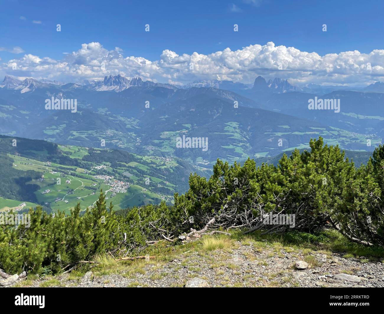 Valley view, hike to Latzfons Cross in South Tyrol, pilgrimage site, Sarntal Alps, 2300 m, viewpoint, Dolomites, Klausen, Latzfons, Wipptal, sun, mountains, clouds, nature, activity, Klausen, South Tyrol, Alto Adige, Italy Stock Photo