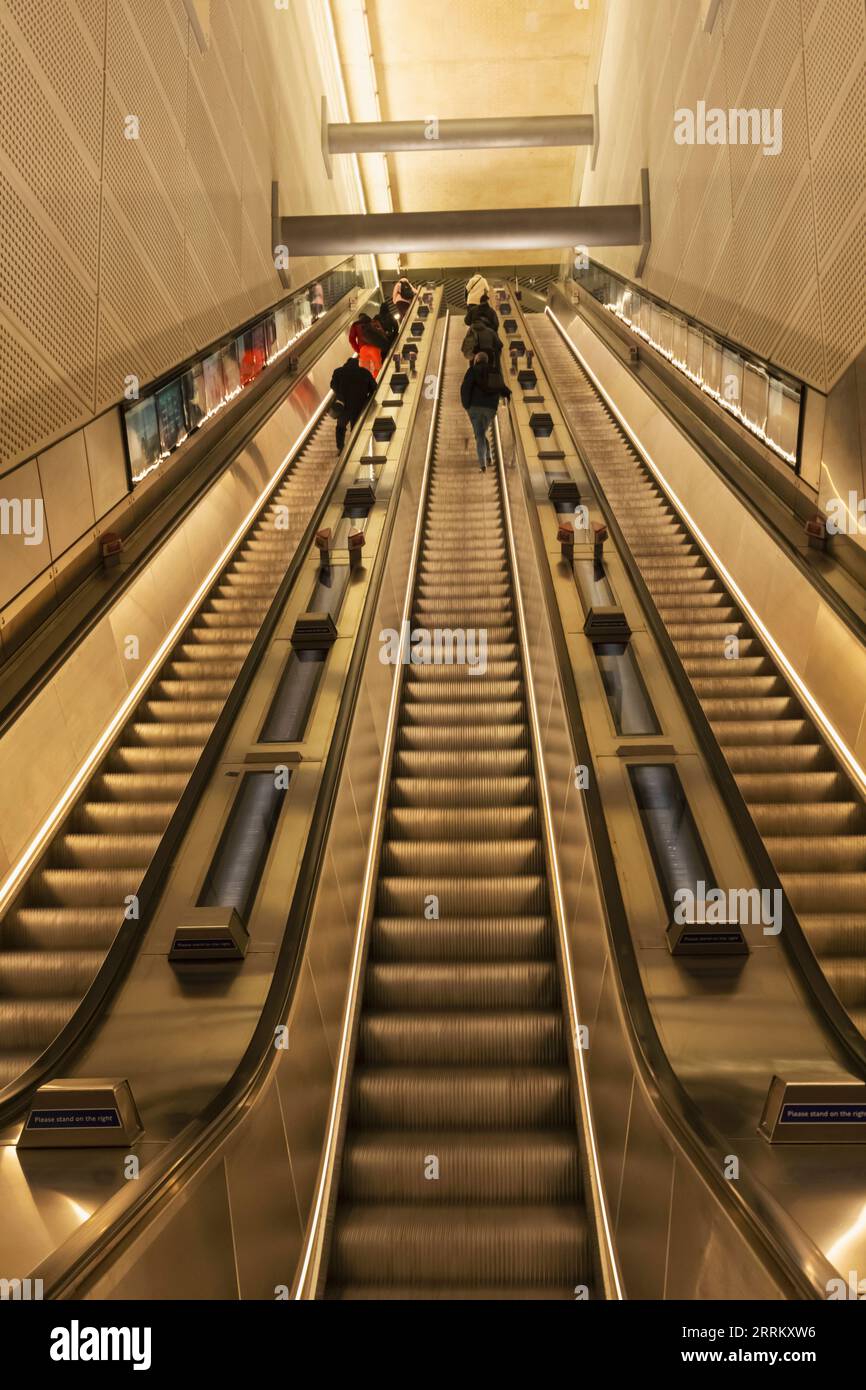 England, London, London Underground, Tottenham Court Road Underground Station, Empty Escalator Stock Photo