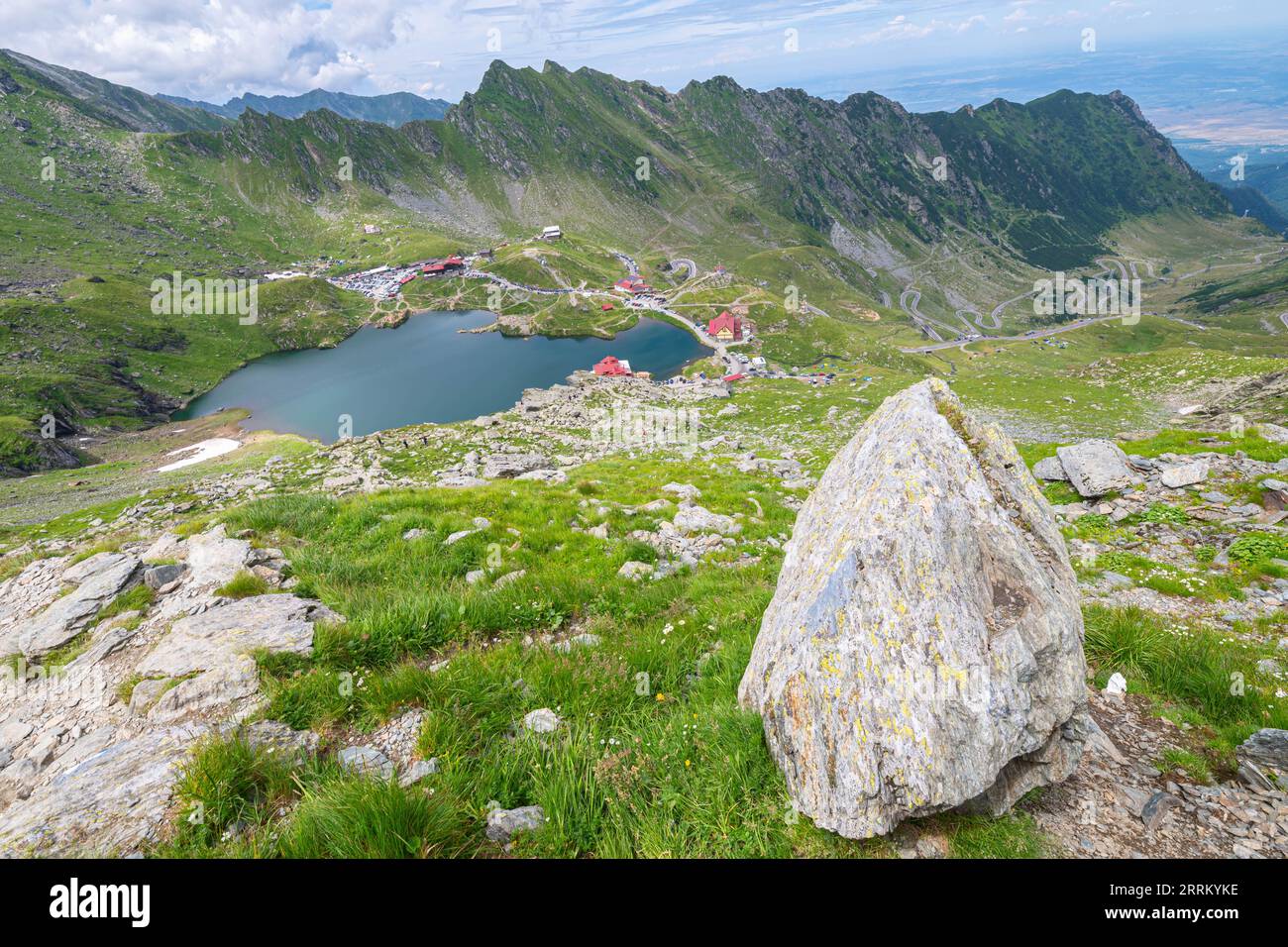 Picturesque view from above of Bâlea Lake in Făgăraș Mountains, Romania. Stock Photo