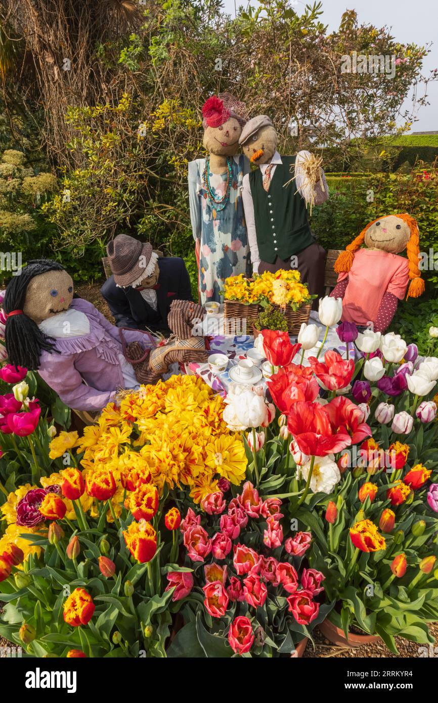 England, Sussex, West Sussex, Arundel, Arundel Castle, The Gardens, Colourful display of Scarecrows and Tulips in Bloom Stock Photo