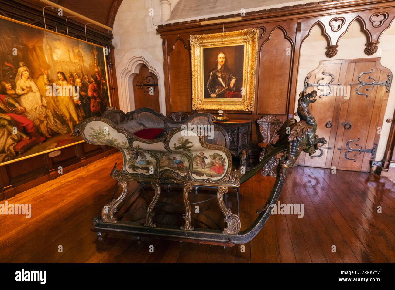 England, Sussex, West Sussex, Arundel, Arundel Castle, The Baron's Hall, Display of Ornate Sleigh Stock Photo