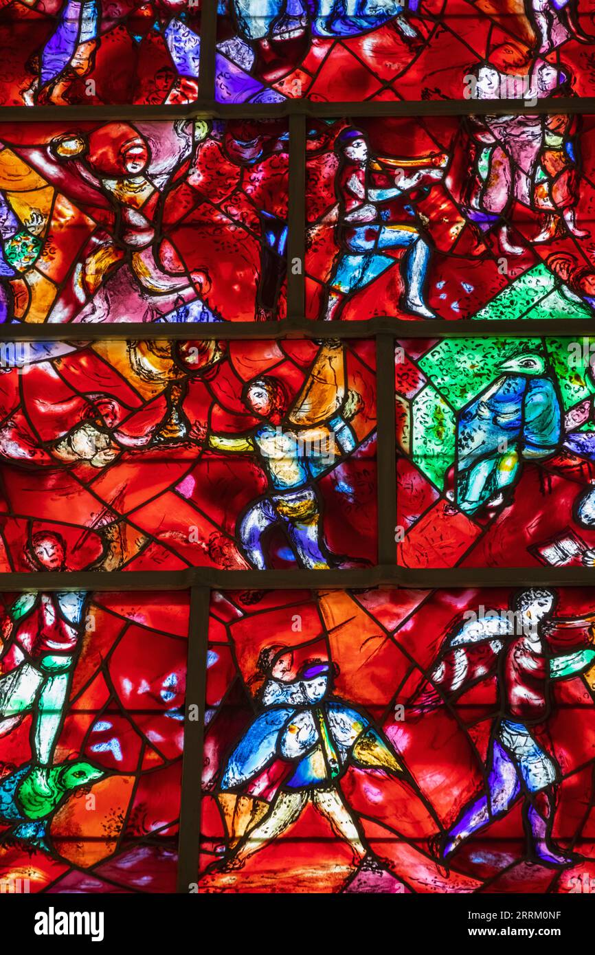 England, Sussex, West Sussex, Chichester, Chichester Cathedral, Interior View of The Chagall Window designed by Marc Chagall and made by Charles Marq Stock Photo