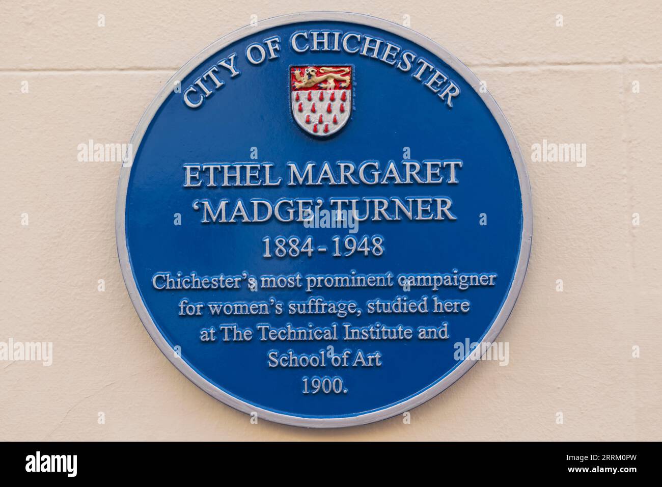 England, Sussex, West Sussex, Chichester, Memorial Blue Plaque to Ethel Margaret Turner (1884-1948), Chichester's most prominent campaigner for women's suffrage Stock Photo