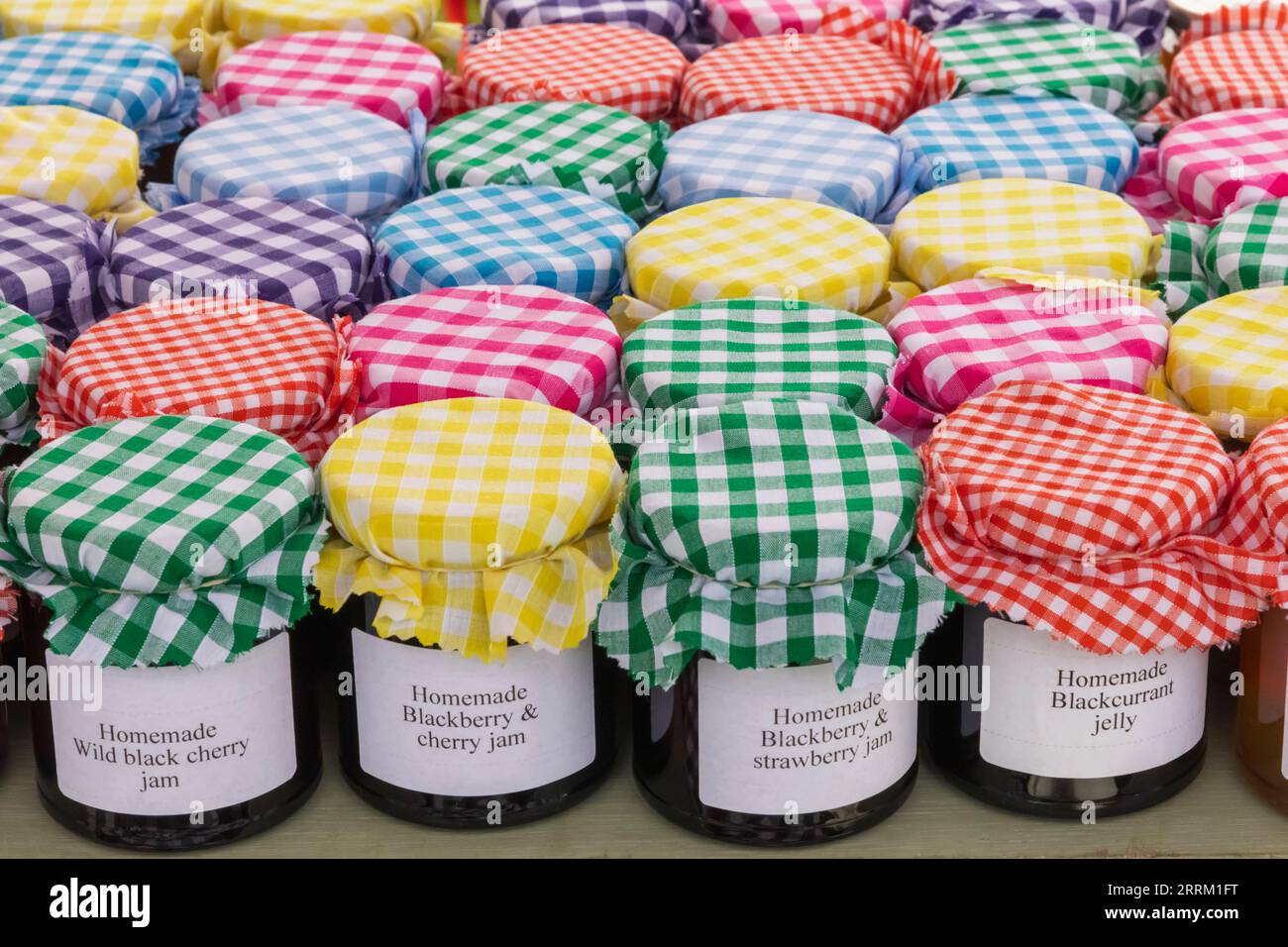 England, Kent, Maidstone, Leeds, Leeds Castle, Medieval Festival, Colourful Display of Traditional Homemade Jams Stock Photo