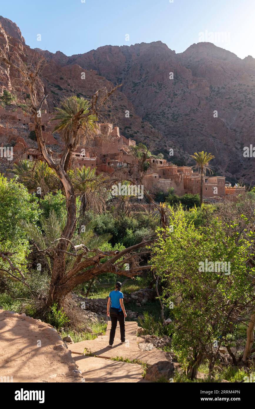 Beautiful little village Oumesnat with typical clay houses in the Anti-Atlas mountains of Morocco Stock Photo