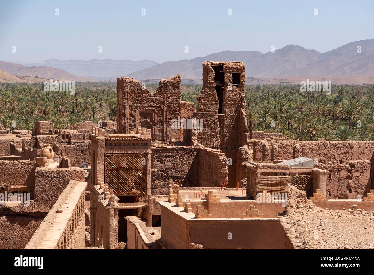 View over the roofs of Tamenougalt village with its typical clay houses, the Draa valley in the background, Morocco Stock Photo