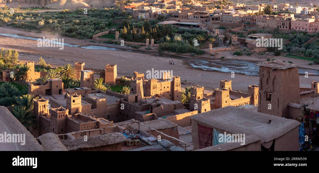 Sunset over the beautiful historic town Ait Ben Haddou in Morocco, famous berber town with many kasbahs built of clay, UNESCO world heritage Stock Photo