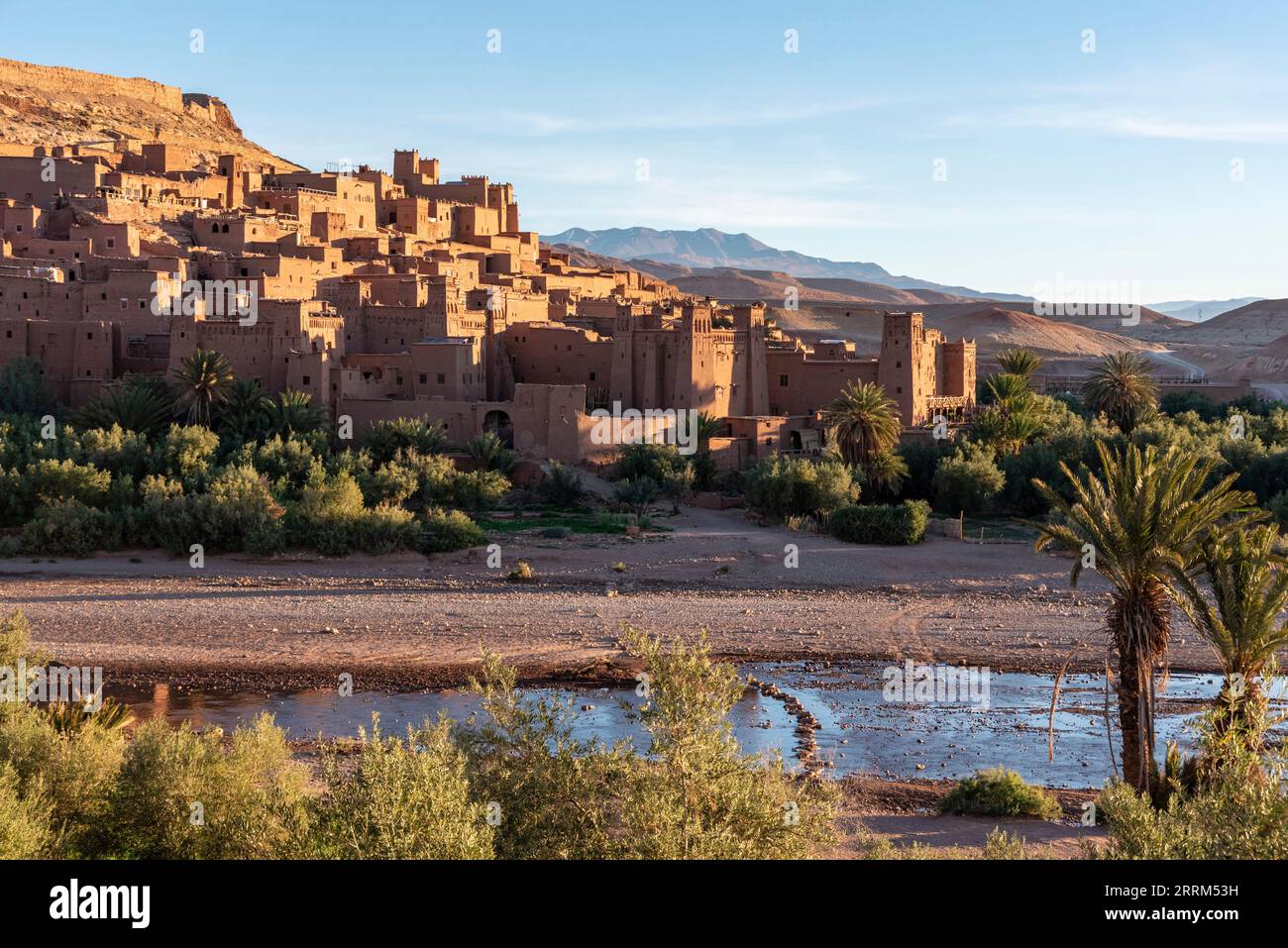 Sunrise over the beautiful historic town Ait Ben Haddou in Morocco, famous berber town with many kasbahs built of clay, UNESCO world heritage Stock Photo