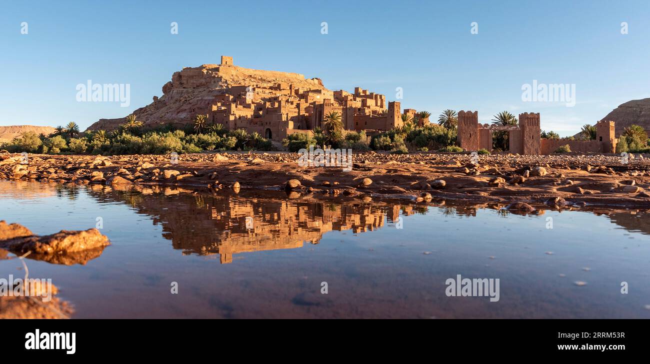 Sunrise over the beautiful historic town Ait Ben Haddou in Morocco, famous berber town with many kasbahs built of clay, UNESCO world heritage Stock Photo