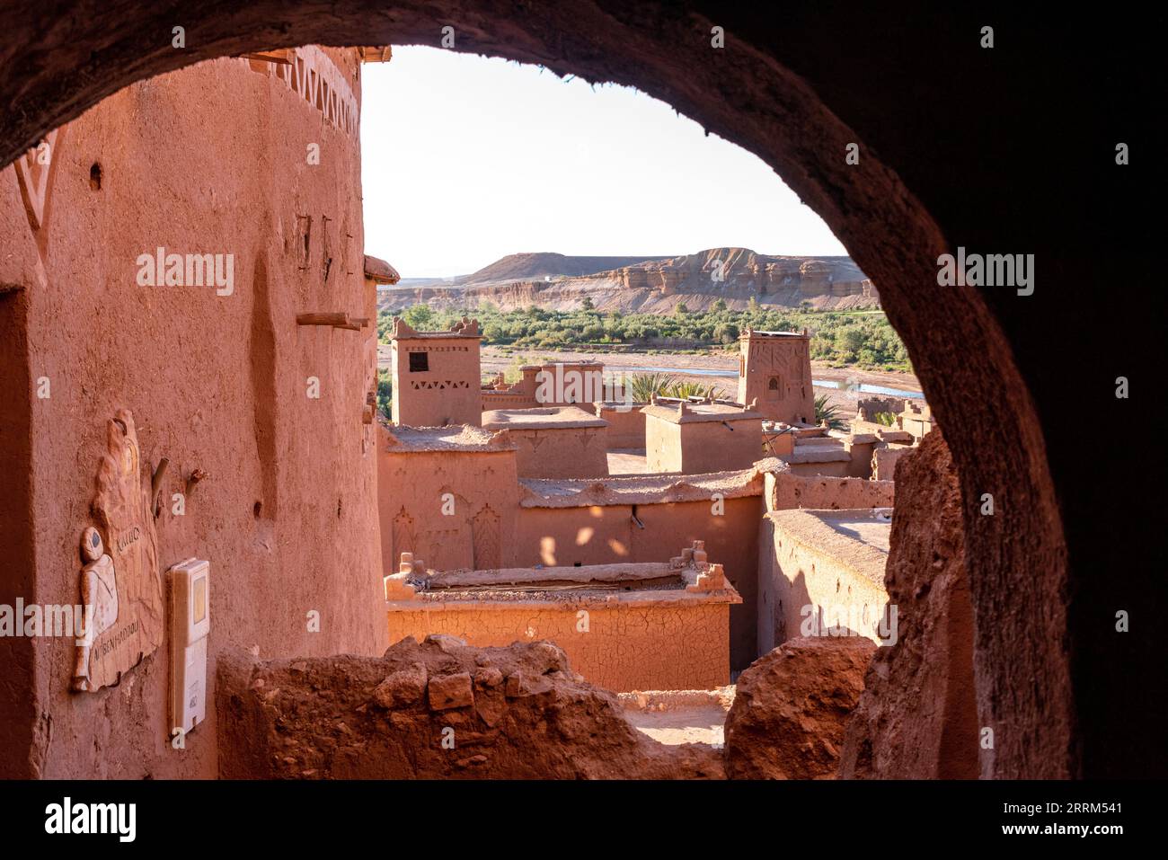 View through a passage on the roofs of historic old town Ait Ben Haddou, Morocco Stock Photo